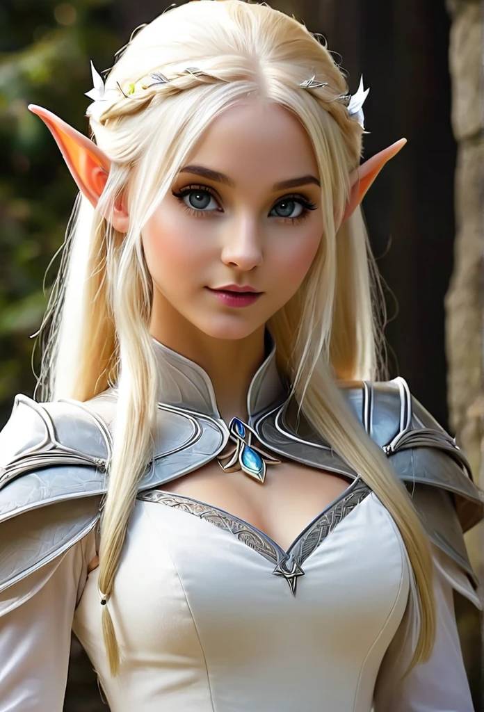 Create a blonde elf with two white streaks in her hair, no medieval time