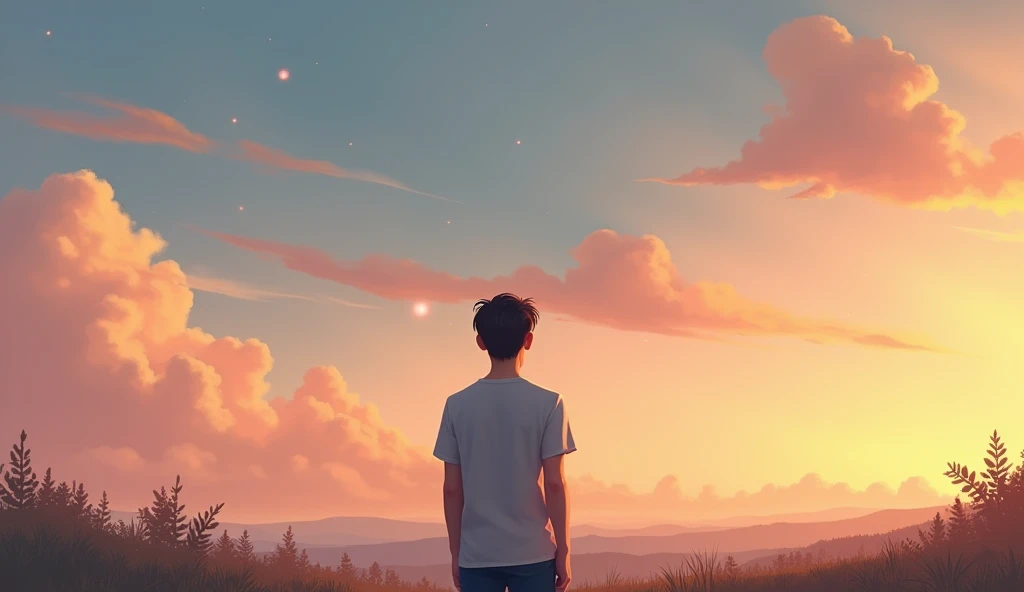 A young man in the twilight, thinking of the woman he loves in the sky, back perspective, modern art