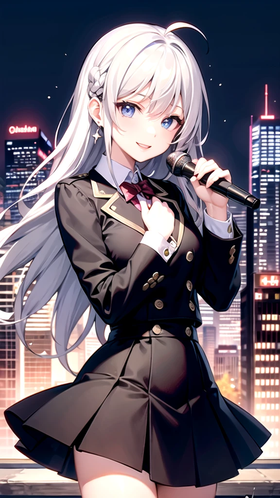 Create an album cover illustration for a pop idol group. The idol has long silver haired schoolgirl, uniform, blue eyes, smile and wears trendy outfits. He is holding a microphone and striking a dynamic pose while surrounded by colorful musical notes and stars. The background features a vibrant cityscape with skyscrapers, neon lights, and a starry sky, creating a vibrant and energetic atmosphere.