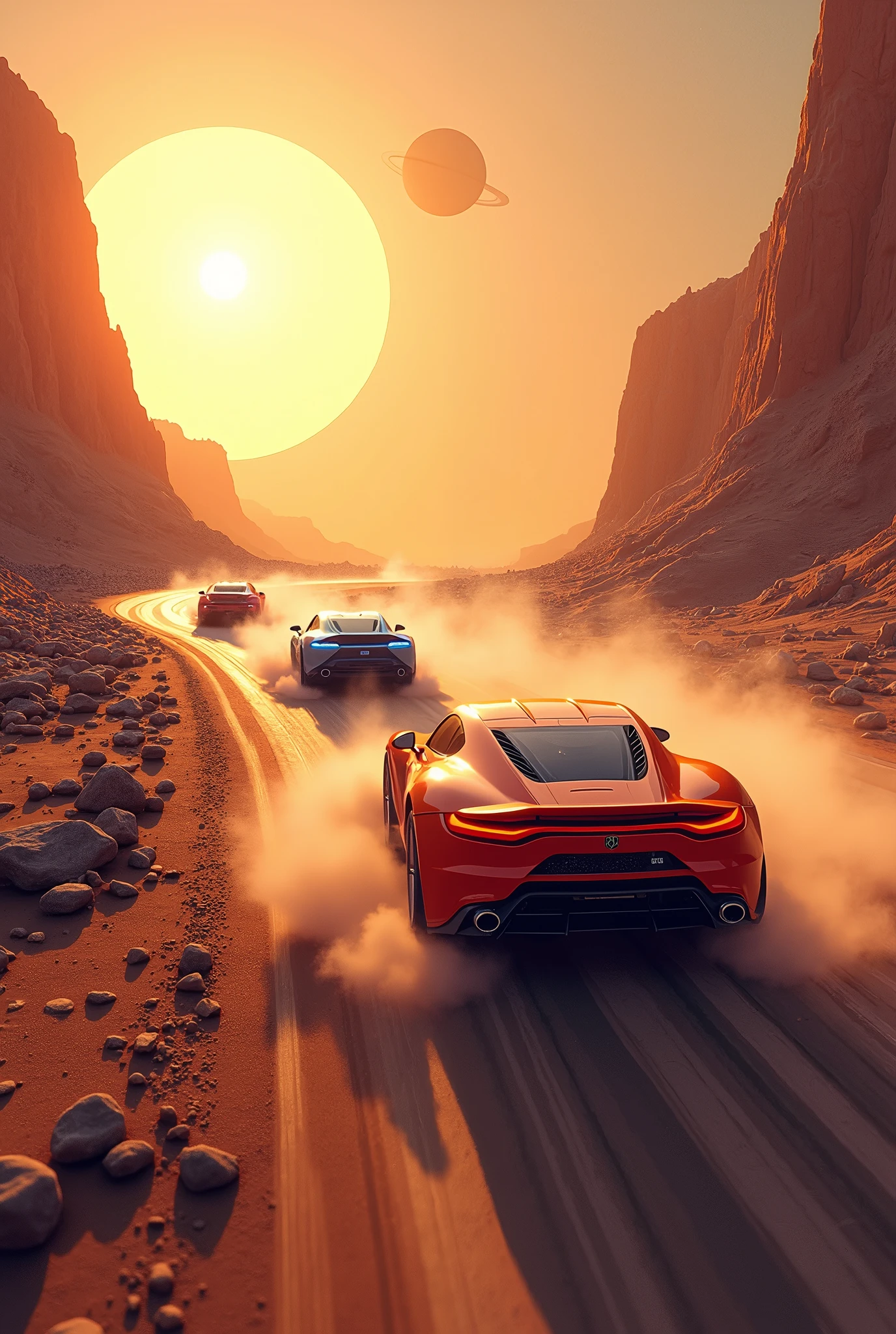 Hot rod race (3Hotrod, orange, blue, pink) on an alien planet in the twilight of a rising sun, dynamic drifting,, dusty, mountains, rivers, stones, on the horizon a ring planet rises, view towards the rising sun, lens flare, against light,