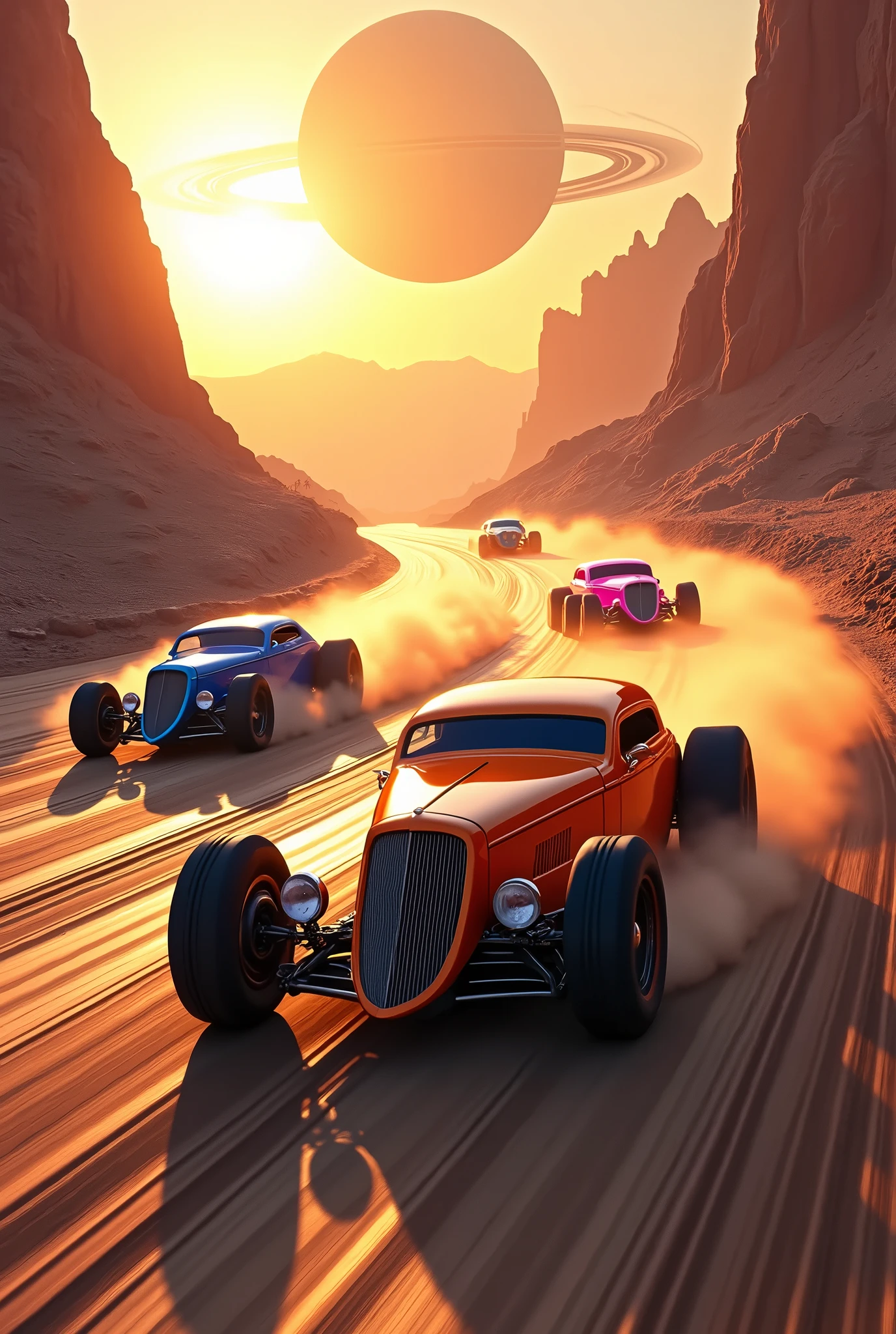 Hot rod race (3Hotrod, orange, blue, pink) on an alien planet in the twilight of a rising sun, dynamic drifting,, dusty, mountains, rivers, stones, on the horizon a ring planet rises, view towards the rising sun, lens flare, against light,