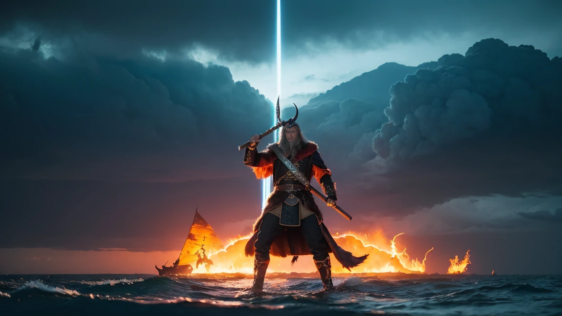 Create a visually striking and dramatic thumbnail image for "Odin’s Fury: The Raid on Lindisfarne." The scene should capture the peak moment of the Viking raid, with a focus on a central Viking warrior standing at the forefront, wielding a bloodied axe and roaring with battle fury. His armor is detailed, with intricate Norse engravings and a wolf-pelt cloak. Behind him, Viking longships with fierce dragon-headed prows are anchored near the rocky shore, where flames and smoke rise from the burning monastery of Lindisfarne. The sky is dark and ominous, filled with storm clouds and flashes of lightning, highlighting the wrath of Odin. Ravens circle above, their wings outstretched as if guiding the warriors. The warrior’s eyes should glow faintly with a supernatural light, emphasizing the divine rage fueling the raid. The overall color scheme should be a dramatic mix of fiery oranges, deep blacks, and cold metallics, with high contrast to make the scene pop as a thumbnail. The title "Odin’s Fury" should be boldly displayed at the bottom in an ancient runic font, glowing with a subtle golden aura that catches the eye.