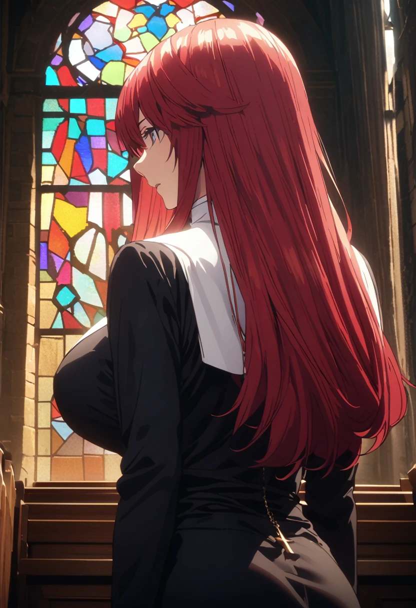 (Highest quality、4K、8k、High resolution、masterpiece:1.2)、Very detailed、Picturesque、Animated Photography、Photo Animation:1.37)、large breast、Japanese women、red hair、long hair、stars ornament、Nakano May、Cross Necklace、back shot, upper body, nun, standing, ancient church, stained glass