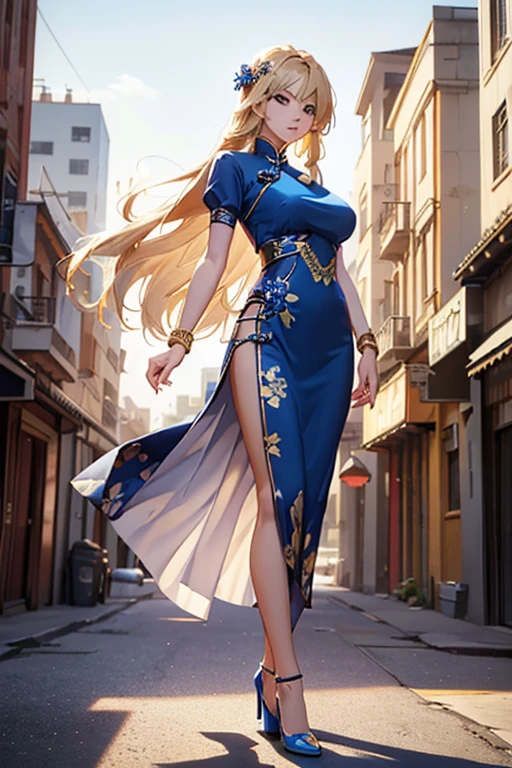 Highest quality,high resolution,comics,(Cel animation style),A woman is standing alone,30 year old Asian female,(Long blonde hair),((Blue Chinese Dress)),((Blue heels)),((1 holding a gun.6)),(Hibiscus hair accessory),(Beautiful face with slits 1.3)，(gold bracelets on both wrists),Beautiful Style,Slender body,(Large Breasts),((City Background))