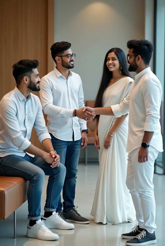 Two young men are waiting for their girlfriends in the reception area of ​​the office. One of the young men is wearing a white printed shirt, jeans, white shoes and smart watch and the other is wearing a white full sleeve t-shirt, jeans, glasses and black sneakers. His girlfriend comes there wearing a white Indian suit, black pallu, white shoes and glasses. Then she shakes hands with both the boys.