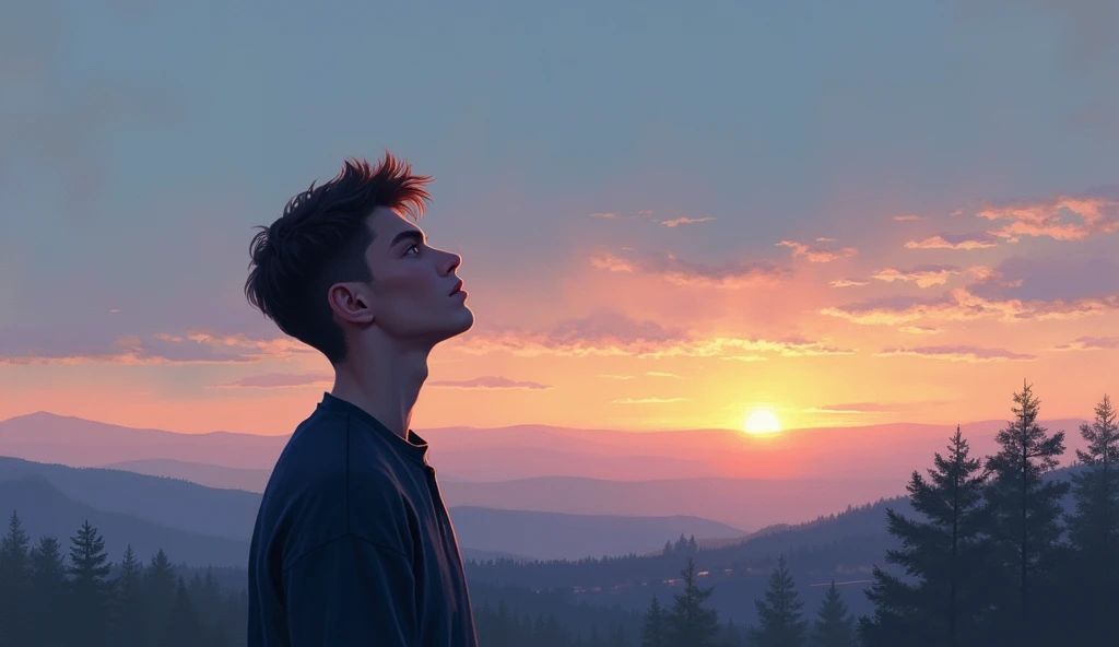 A young man in the twilight, thinking of the woman he loves in the sky, back perspective, modern art, oil painting style