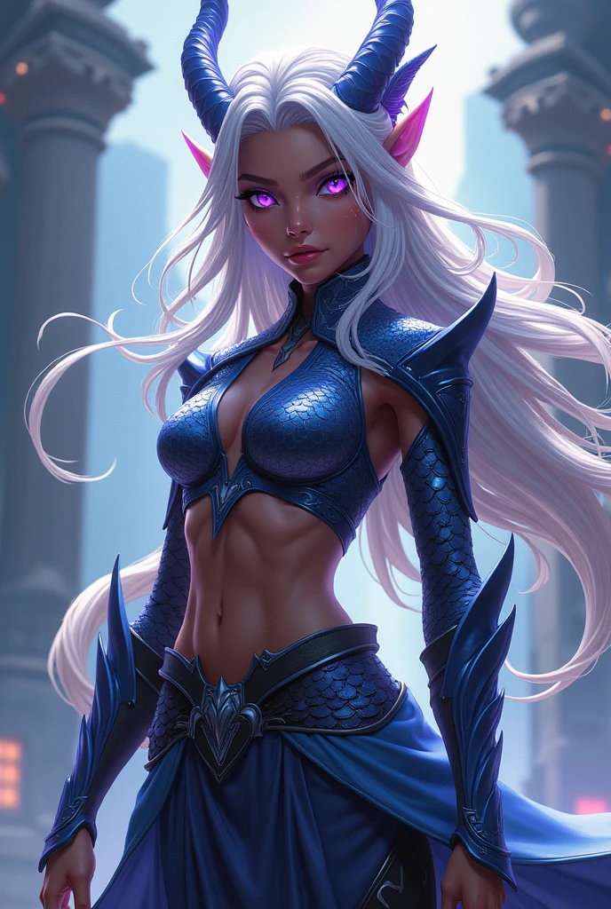 Female half elf, dark skin, adult, purple eyes, long silver hair , anime, dragon scales 
