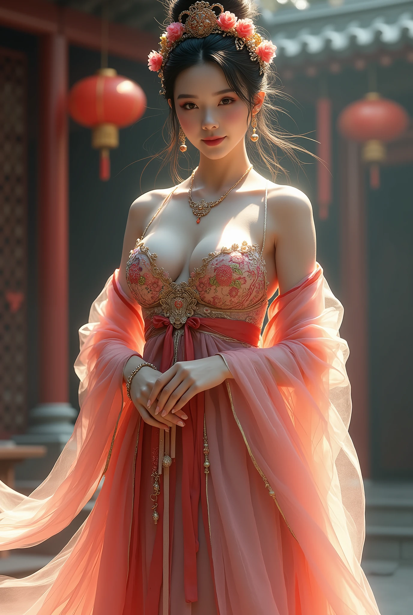 Chinese girl with coins gold , thick body, curvy body, curvy waist, big breast, white skin, gorgeous costumes embroidered with intricate embroidery, flowing tulle, transparent long colorful ribbons tied on the arms, inspired by cinderella, showing navel, bare shoulders, bare neck, hair in a high bun with flower hairpins, ribbons on arm rings, wreaths, bracelets, anklets, high heels, metal chain tassels on the waist, Mogao Grottoes art, ink painting, cgstation pop, in the night castle, ((fullbody)), ((super realistic))