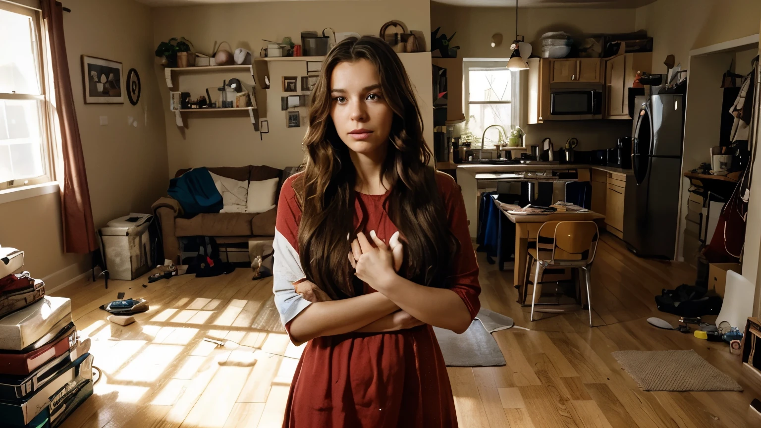 "Generate an image of a woman resembling the one in the reference photo, with long wavy brown hair, expressive makeup, and wearing a red dress. She is standing at a distance in a home environment, overwhelmed and stressed. The woman is holding her head with both hands as if she’s trying to cope with the chaos around her. The background should depict a slightly disorganized home, with subtle signs of daily life scattered throughout—like toys on the floor, an open laptop on a cluttered table, or unfinished chores. The lighting should create a sense of tension, highlighting her stressed expression and the atmosphere of a busy household."