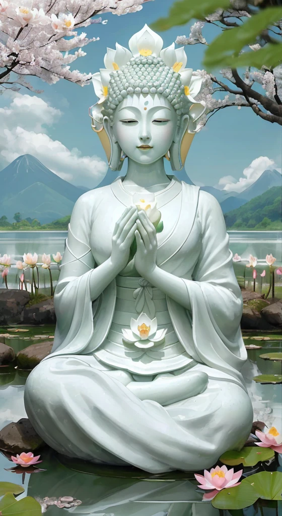 (Masterpiece),(Best quality),(Ultra-detailed), (Body:1.2), 1 Buddha statue, floating in a powerful zen state, with lotus flowers, White skin, Amitayus,  sitting on a lotus flower, Chant the Buddha's name with both hands, temples, wearing an outfit, White skin, face round, kind, gentle, look, Mountains, green trees, Cherry blossoms, forest, Birds, Clouds, dew, En plein air, Bright, fresh, Green, White skin, (Beautiful detailed face), (Eyes closed), (surrealism),