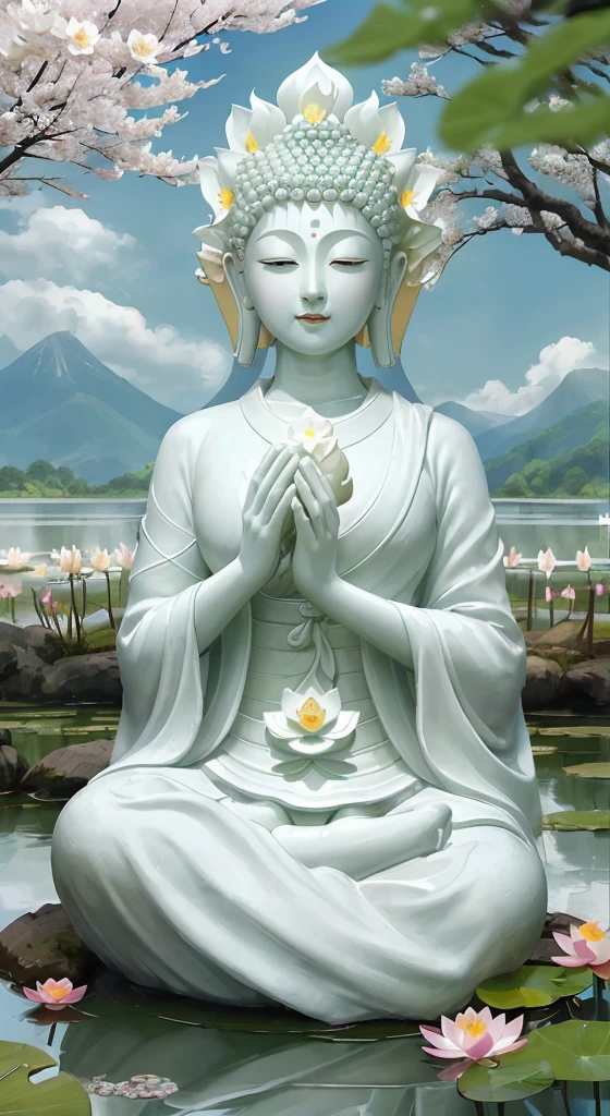 (Masterpiece),(Best quality),(Ultra-detailed), (Body:1.2), 1 Buddha statue, floating in a powerful zen state, with lotus flowers, White skin, Amitayus,  sitting on a lotus flower, Chant the Buddha's name with both hands, temples, wearing an outfit, White skin, face round, kind, gentle, look, Mountains, green trees, Cherry blossoms, forest, Birds, Clouds, dew, En plein air, Bright, fresh, Green, White skin, (Beautiful detailed face), (Eyes closed), (surrealism),