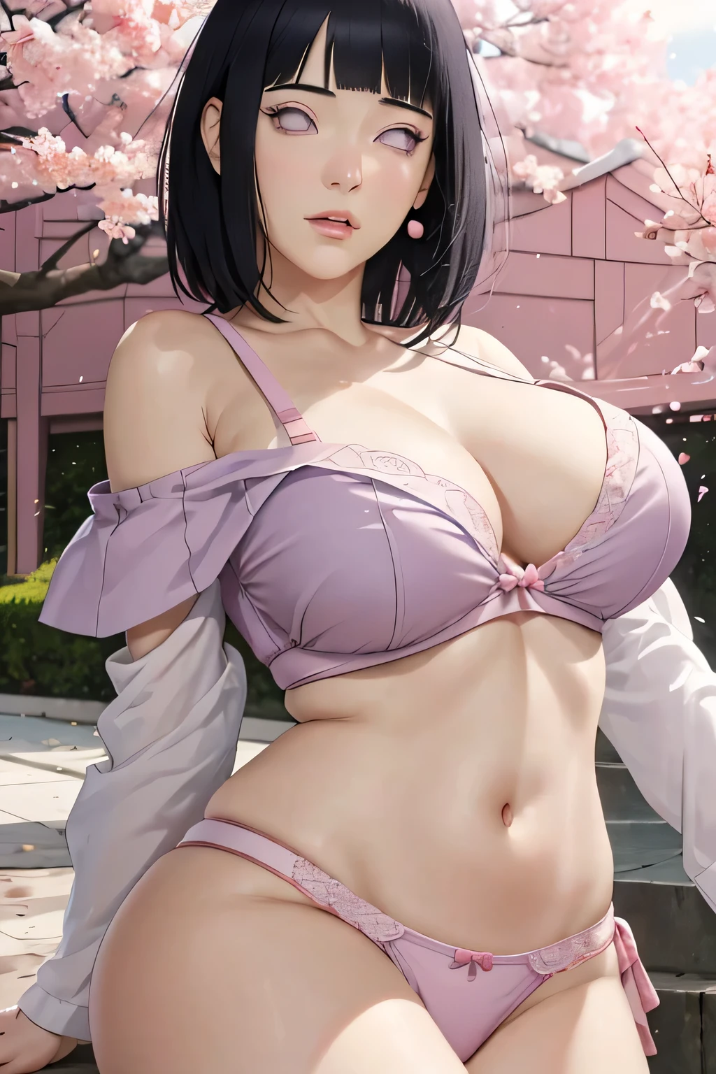 masterpiece, absurdres, hinata\(boruto\), 1girl, solo,mature female, off-shoulder bra looking at viewer, (falling petals), perfect composition, detailed lips, big breast, beautiful face, body propotion, blush, (pink lips), long hair, purple eyes, soft gaze, super realistic, detailed, photoshoot, realistic face and body