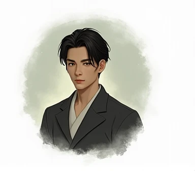 A refreshingly handsome Japanese man with black hair　Gentle eyes　Bangs are down