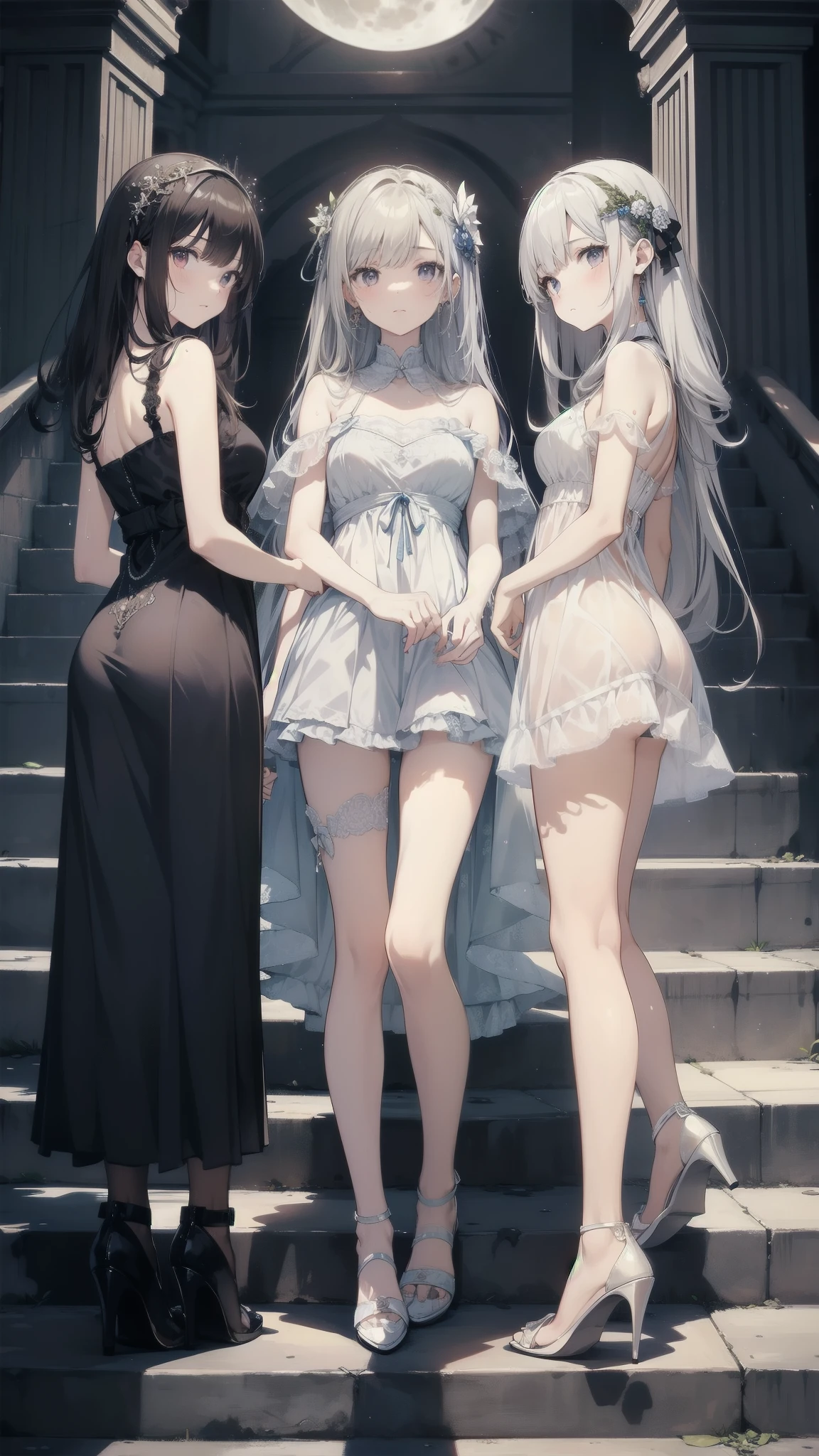 Masterpiece Top Quality
Three Girls Adorned in Delicate Dresses,Their faces showed disgust and contempt, Akin to the Squid Game Characters
1. With Straight Long Hair, Pale as the Moon,Go down the stairs,Stairs,underwear,Soaked,transparent,Sweat,High heel
