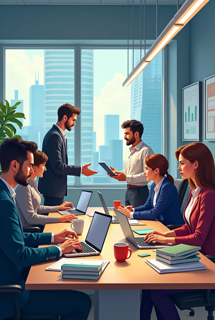 Some people working  hard in a company