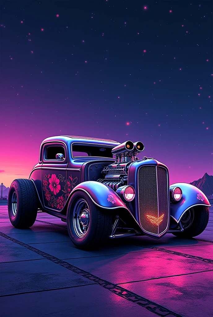 pointillism style under the twinkling stars of a neon lit night sky, a custom designed hot rod car gleams with hues of purple, pink, and orange. the car's low slung body, adorned with an intricate floral design, contrasts sharply against the deep violet backdrop. a massive chrome engine crowns the hood, emitting a soft glow that reflects off the polished chrome rims. as if alive, sparks fly from the exhaust pipes, dancing in the air like falling stars before dissipating into the night. this cybernetic masterpiece is not just a vehicle but a testament to the merging of art and technology, a dream come true under the neon lights. . composed entirely of small, distinct dots of color, vibrant, highly detailed