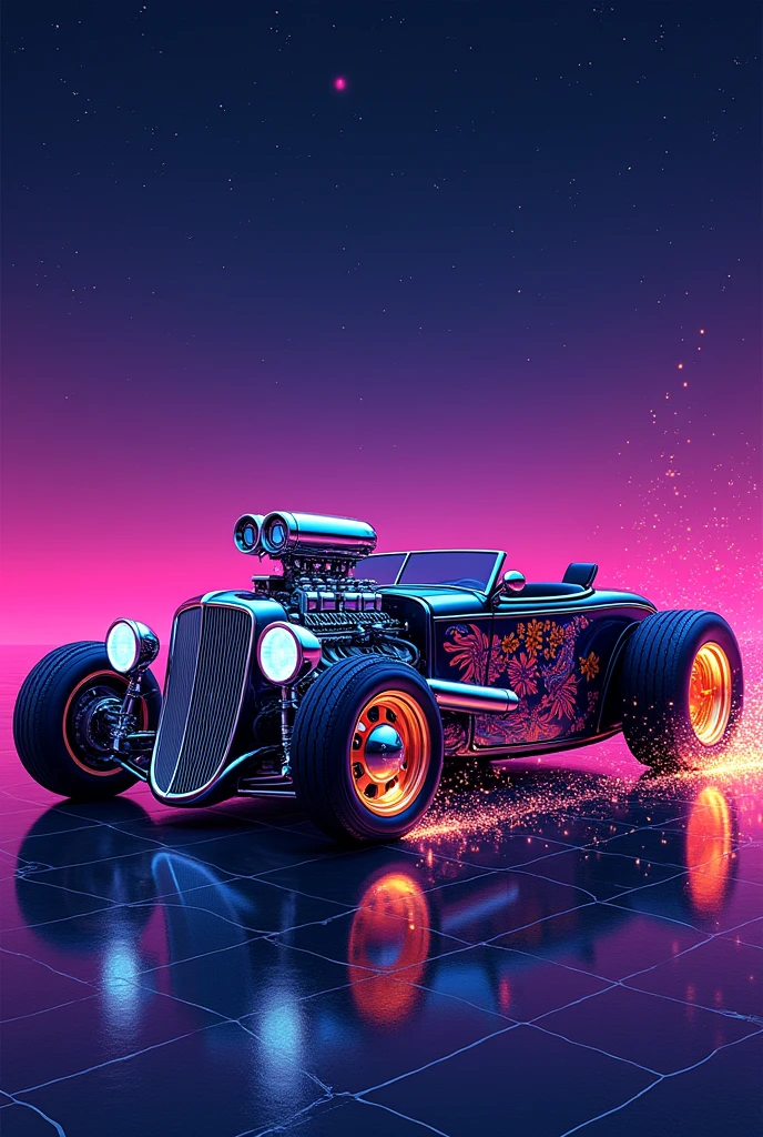 pointillism style under the twinkling stars of a neon lit night sky, a custom designed hot rod car gleams with hues of purple, pink, and orange. the car's low slung body, adorned with an intricate floral design, contrasts sharply against the deep violet backdrop. a massive chrome engine crowns the hood, emitting a soft glow that reflects off the polished chrome rims. as if alive, sparks fly from the exhaust pipes, dancing in the air like falling stars before dissipating into the night. this cybernetic masterpiece is not just a vehicle but a testament to the merging of art and technology, a dream come true under the neon lights. . composed entirely of small, distinct dots of color, vibrant, highly detailed