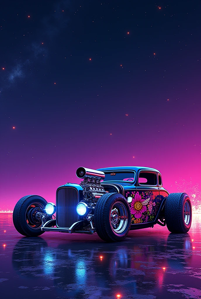 pointillism style under the twinkling stars of a neon lit night sky, a custom designed hot rod car gleams with hues of purple, pink, and orange. the car's low slung body, adorned with an intricate floral design, contrasts sharply against the deep violet backdrop. a massive chrome engine crowns the hood, emitting a soft glow that reflects off the polished chrome rims. as if alive, sparks fly from the exhaust pipes, dancing in the air like falling stars before dissipating into the night. this cybernetic masterpiece is not just a vehicle but a testament to the merging of art and technology, a dream come true under the neon lights. . composed entirely of small, distinct dots of color, vibrant, highly detailed