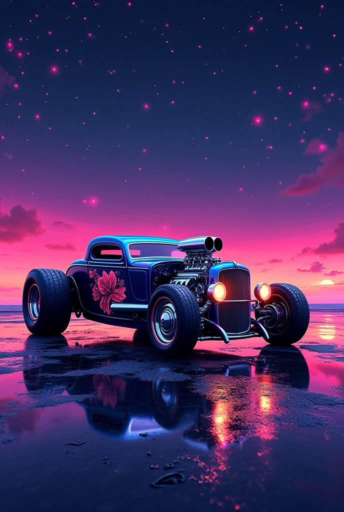 pointillism style under the twinkling stars of a neon lit night sky, a custom designed hot rod car gleams with hues of purple, pink, and orange. the car's low slung body, adorned with an intricate floral design, contrasts sharply against the deep violet backdrop. a massive chrome engine crowns the hood, emitting a soft glow that reflects off the polished chrome rims. as if alive, sparks fly from the exhaust pipes, dancing in the air like falling stars before dissipating into the night. this cybernetic masterpiece is not just a vehicle but a testament to the merging of art and technology, a dream come true under the neon lights. . composed entirely of small, distinct dots of color, vibrant, highly detailed