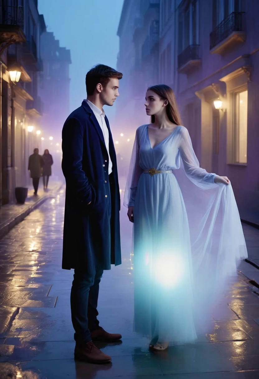 Create a softly blurred cityscape or an atmospheric apartment setting at twilight. Add subtle hints of ethereal light or mist to evoke a sense of mystery and romance. Feature a young woman and a young man prominently. the Young woman should be depicted in a contemporary outfit, looking both intrigued and exasperated. The Young man should appear as a ghost, his image should be semi-transparent (like it is fading) with a playful expression. Surround the man with fading ghost object to make ut mystical Position them to suggest their interaction, with the young woman looking at the young man with a mix of curiosity and frustration. Use a palette of cool blues, soft purples, and silvers to convey the supernatural theme. Add touches of warm gold or red to hint at romance and create visual interest.