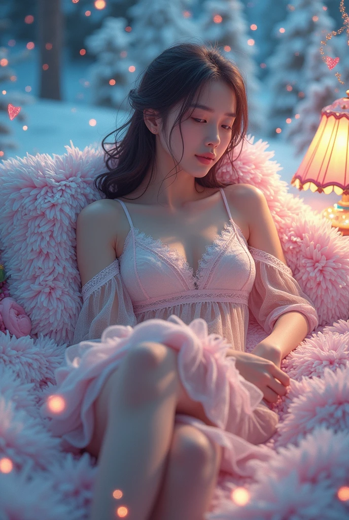 Transparent lace pajamas,Japanese cute woman、barbie dream bed,Lying in bed、(Fluorescent Color:1.4)、(translucent:1.4)、(Retro filter:1.4)、(fantasy:1.4)、Candy world Disney fantasy fluffy soft scenery forest snow avatar pink sky green blue glow dreamy lights soft soft glow rainbow stars diamond glitter gem background surreal ultra hd movie lighting huge details full hd full light、