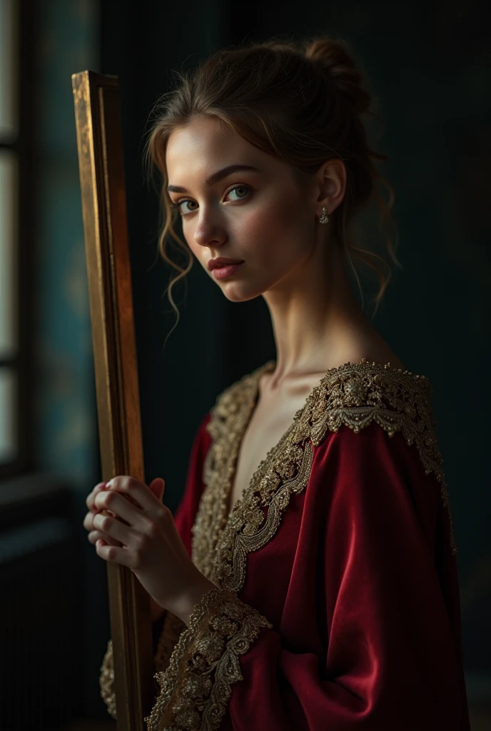 young woman, model, European, royal robe, fotoshooting, dark background, side view, in front of a mirror