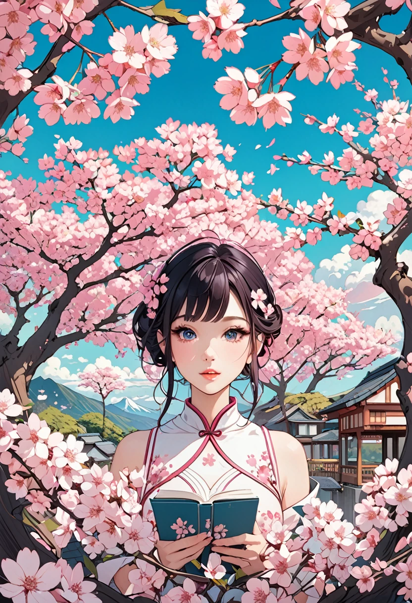 Beautiful book Cover style art. Pink cherry blossoms aesthetic.