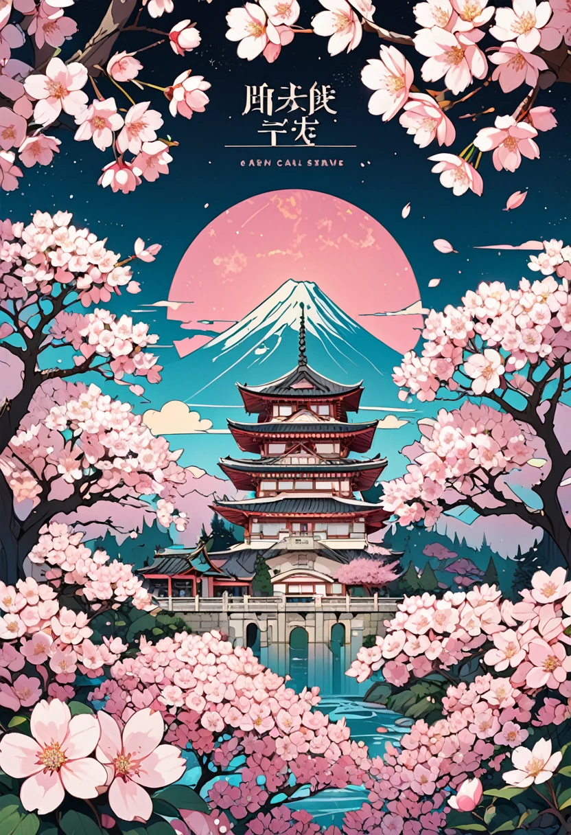 Beautiful book Cover style art. Pink cherry blossoms aesthetic.