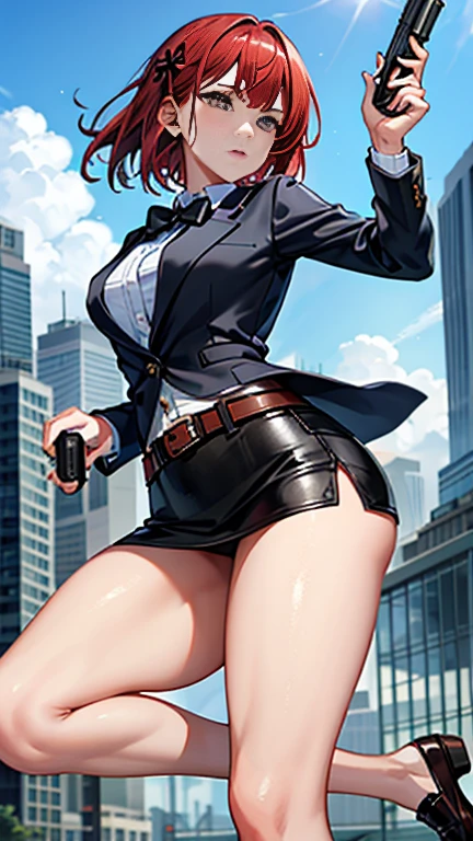 masterpiece, bestquality, 1female, police woman, solo, japanese police uniform, navy tight skirt, black pantyhose, pumps, city background, ponytail hair, smile, boots, photo pose, nightstick