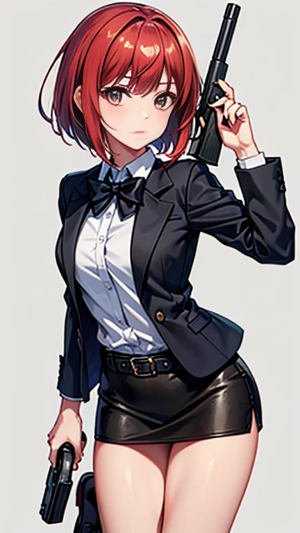 Highest quality、Ultra HD、One Woman、(Red hair short bob 1.3)、(Black blazer 1.3)、(Black bow tie)、(shirt)、(Black leather shoes 1.1)、((Black mini tight skirt))、((Thigh 1.2))、((1 with a gun in each hand.5))、Stylish、(Beautiful face with sharp eyes 1.2)、(Leather belt 1.2)、2 female、slender、(Daytime city background 1.2)、((A clear and beautiful touch))