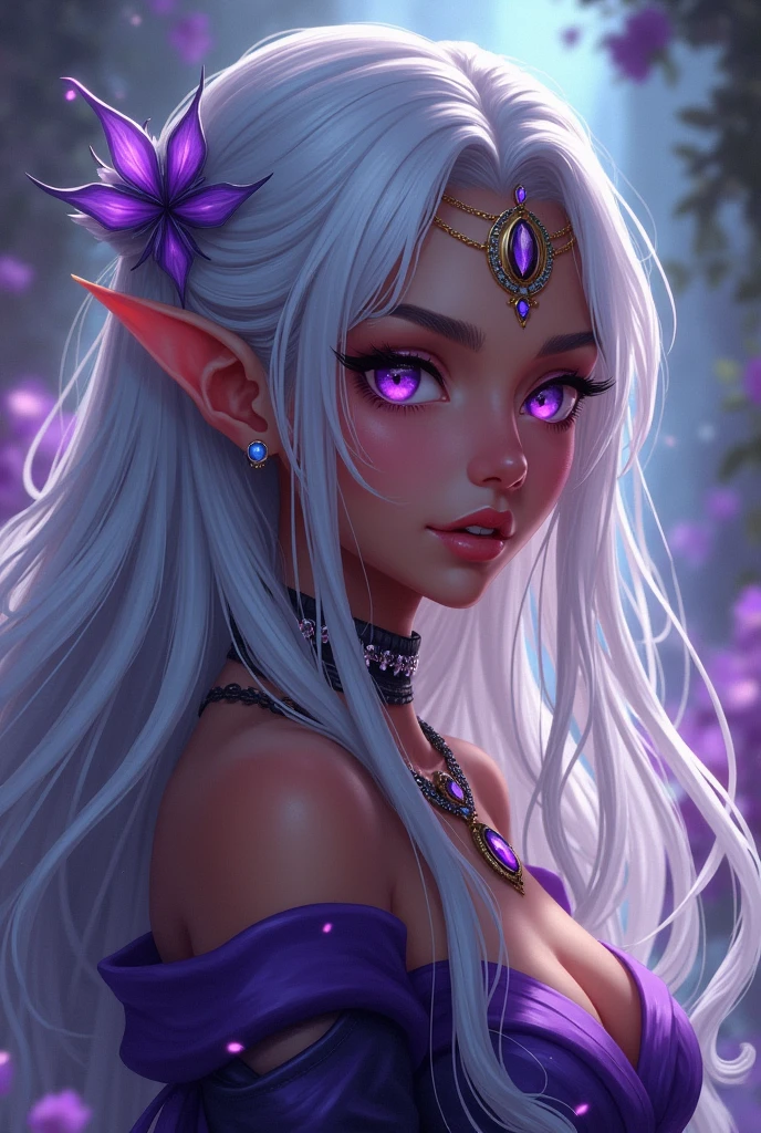 Female half elf, dark skin, adult, purple eyes, long silver hair , anime,