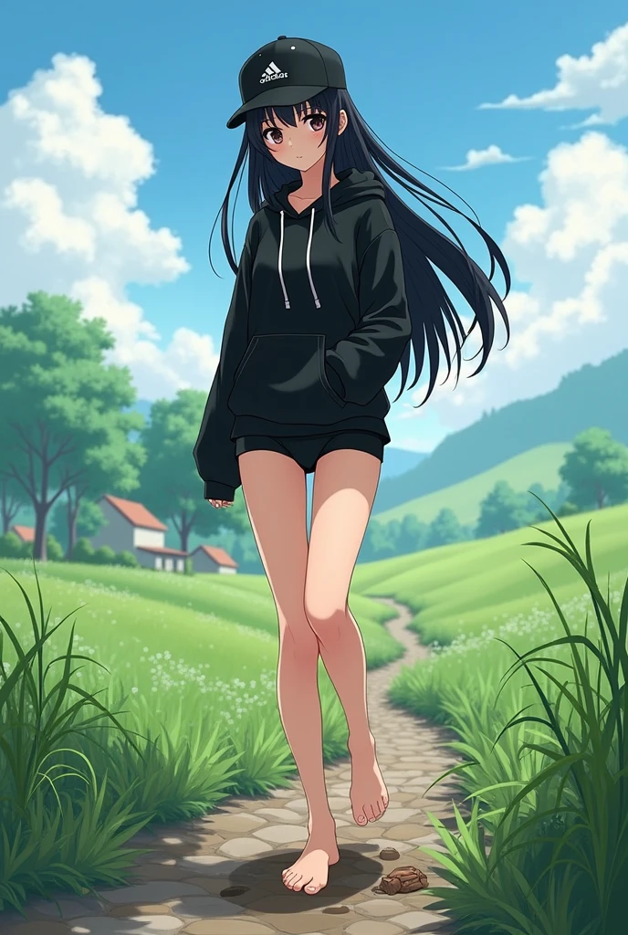 Sexy tall anime girl, long black hair, black eyes, barefoot, wear black adidas cap, wear black adidas hood, wear black panties, background is countryside, girl stepped in poop