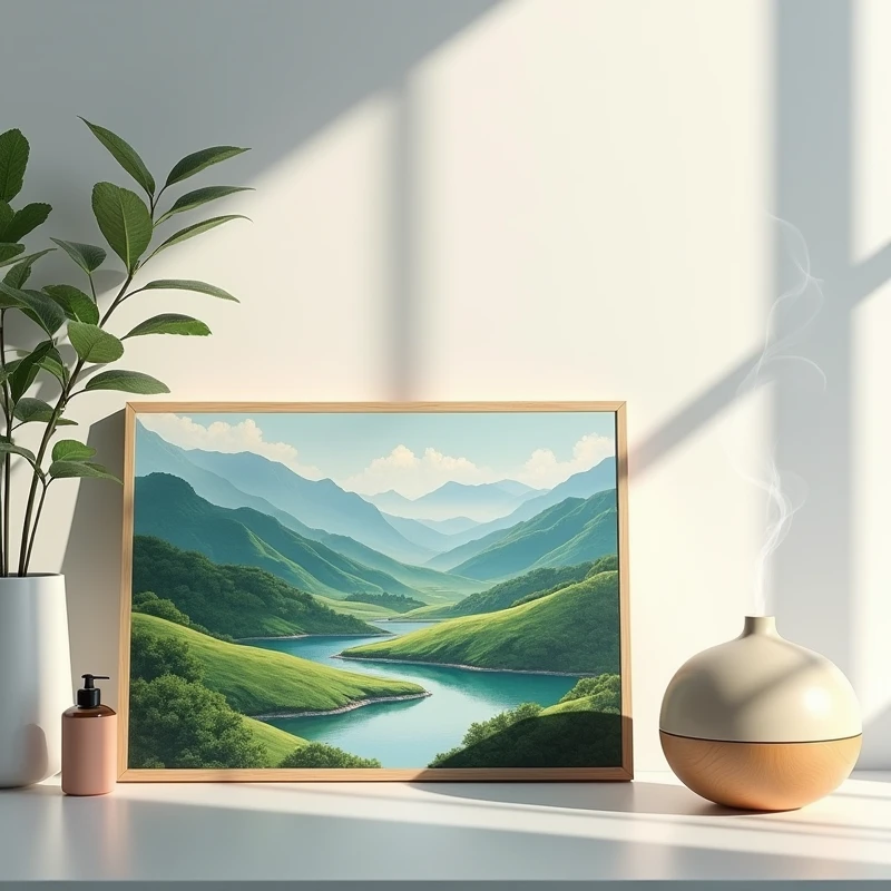 Background of Yilan painting，On a clean and bright office desk，Diffuser aromatherapy emits charming fragrance，Essential oils for scent