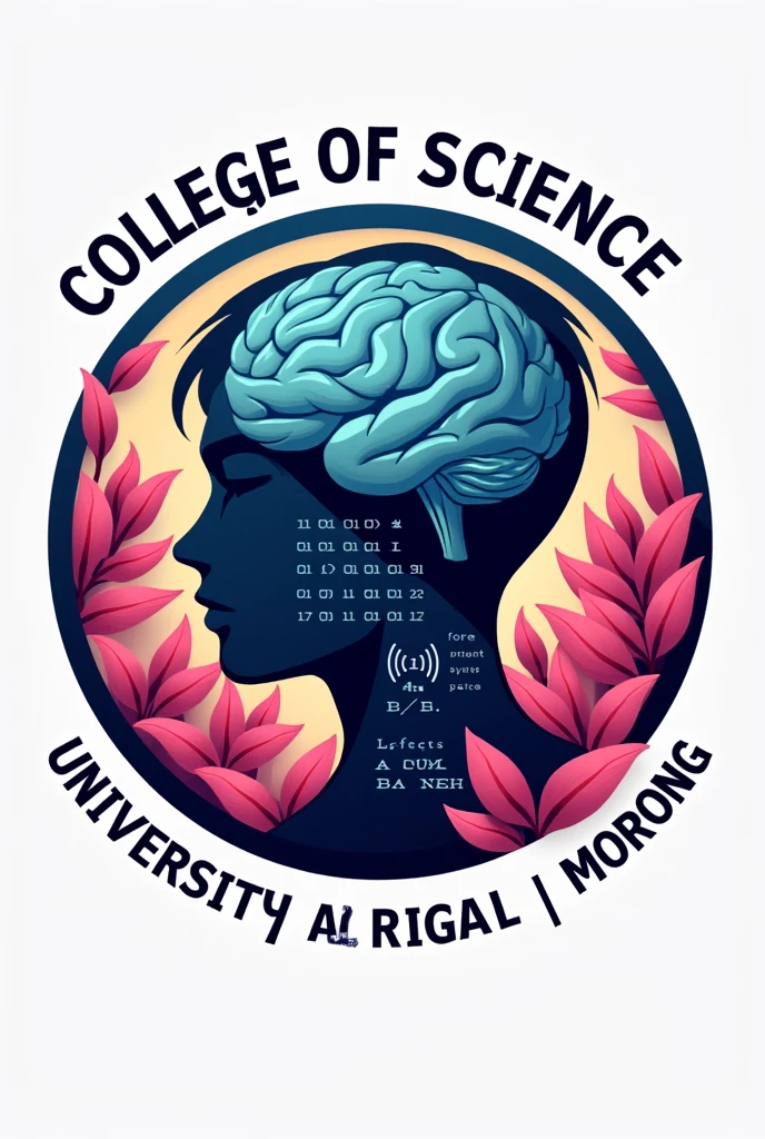 Logo for College of Science Student Body in University of Rizal System- Morong System put some leaf and make it color pink with human in it put the name and make round plus binary code in the back and brain of human and equation
