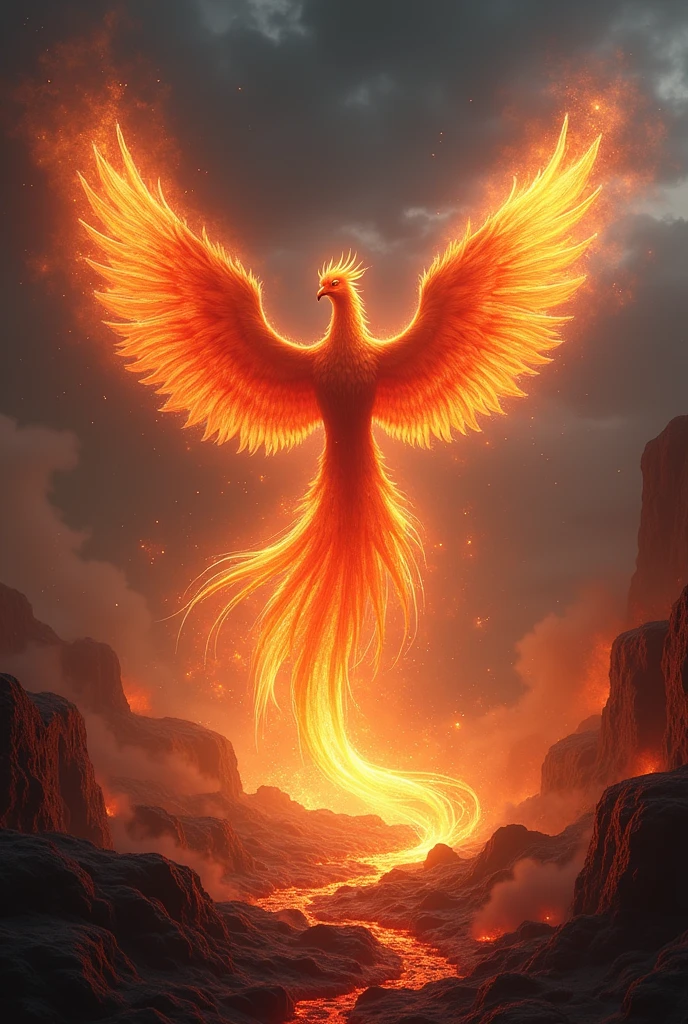 Fiery, majestic, glowing, ethereal, wingspan, erupting, molten, volcanic, blazing, feathers, radiant, lava, mystical, crimson, inferno, glowing embers, ash-filled, night sky, rebirth, celestial, smoke-filled, ((phoenix with a long tail rising from the smoldering ashes of a bed of lava and rocks on fire))
