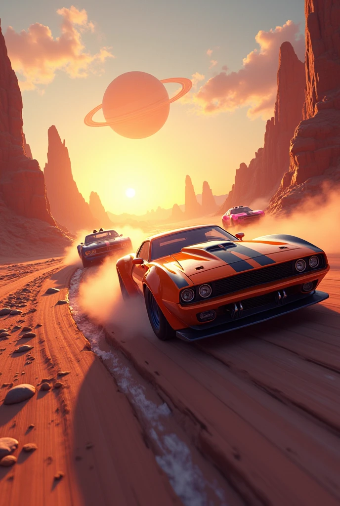 Hot rod race (3Hotrod, orange, blue, pink) on an alien planet in the twilight of a rising sun, dynamic drifting,, dusty, mountains, rivers, stones, on the horizon a ring planet rises, view towards the rising sun, lens flare, against light,