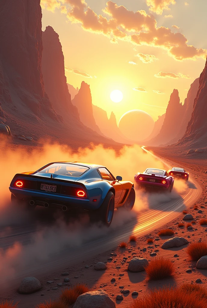 Hot rod race (3Hotrod, orange, blue, pink) on an alien planet in the twilight of a rising sun, dynamic drifting,, dusty, mountains, rivers, stones, on the horizon a ring planet rises, view towards the rising sun, lens flare, against light,