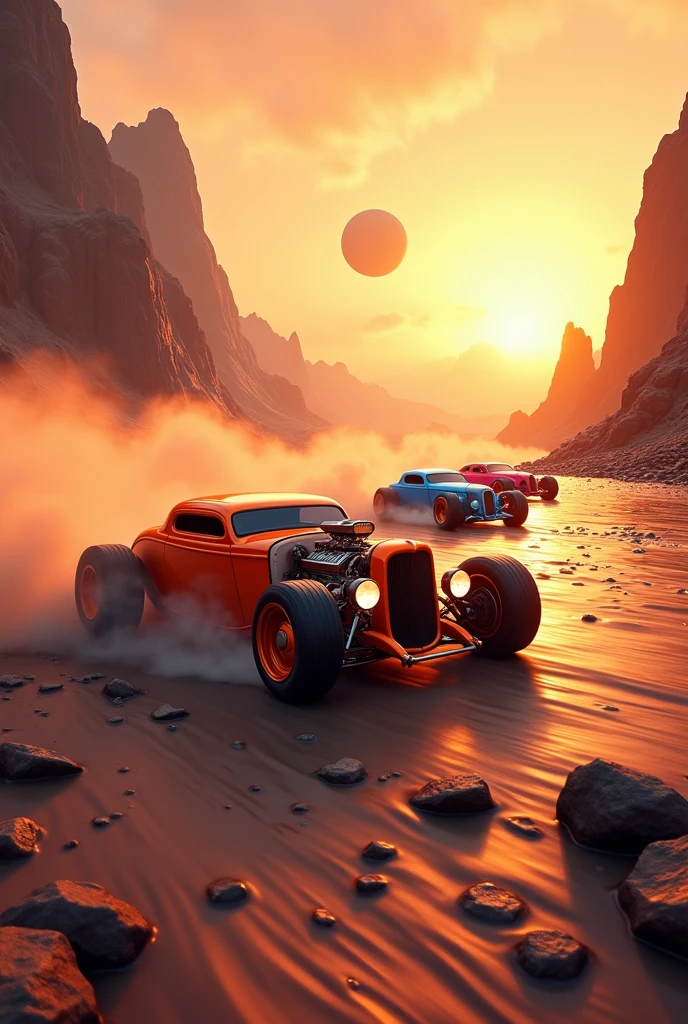 Hot rod race (3Hotrod, orange, blue, pink) on an alien planet in the twilight of a rising sun, dynamic drifting,, dusty, mountains, rivers, stones, on the horizon a ring planet rises, view towards the rising sun, lens flare, against light,