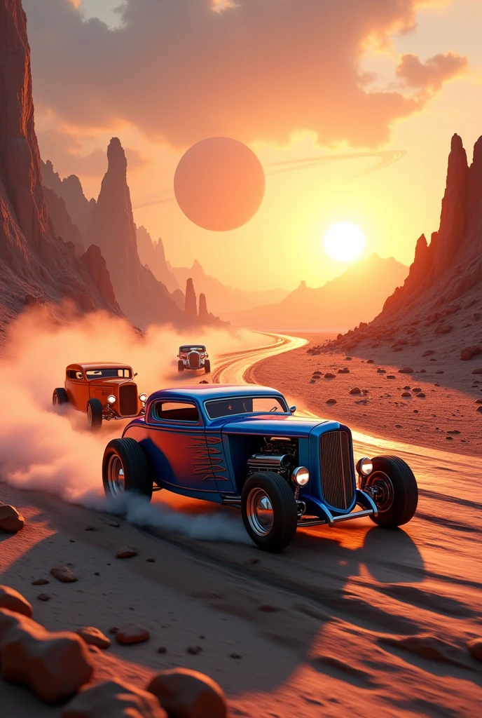 Hot rod race (3Hotrod, orange, blue, pink) on an alien planet in the twilight of a rising sun, dynamic drifting,, dusty, mountains, rivers, stones, on the horizon a ring planet rises, view towards the rising sun, lens flare, against light,