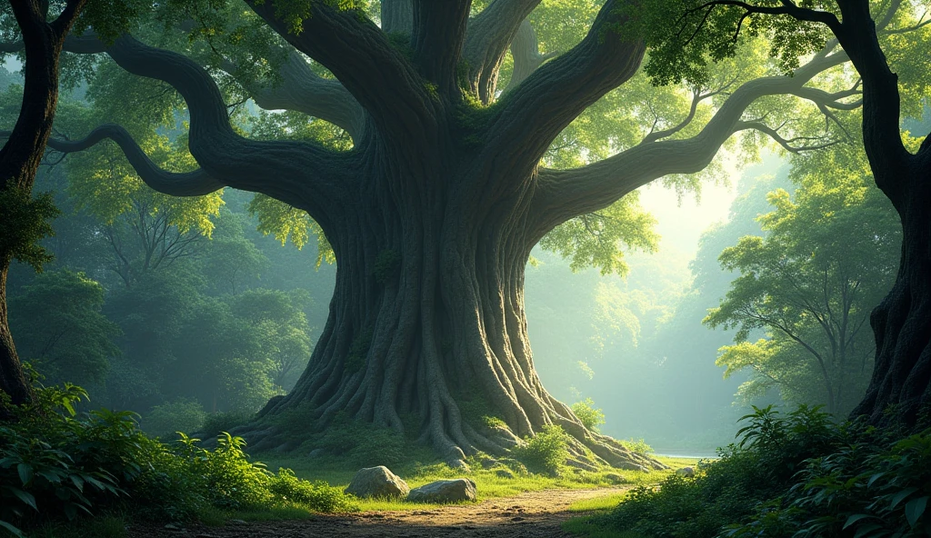 A thick tree with huge branches in the forest
