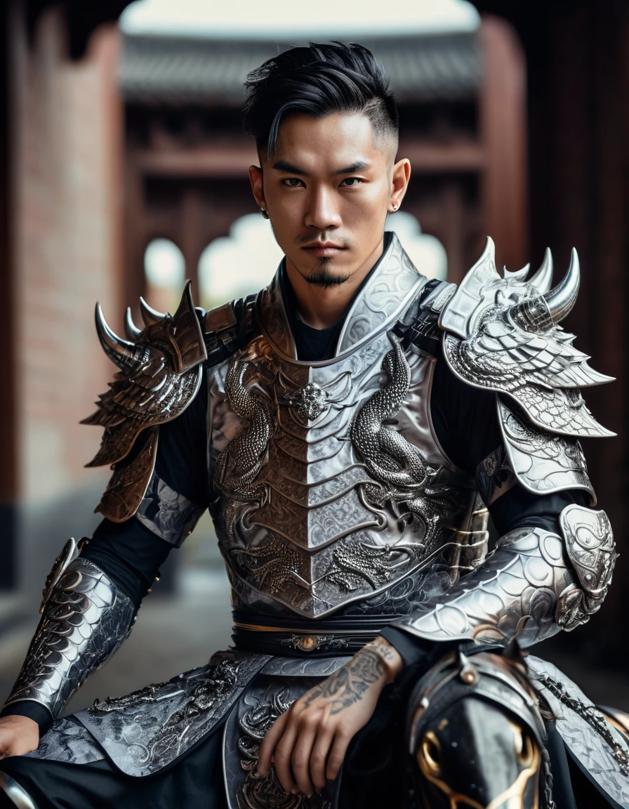 handsome man wearing open black white plated kimono,cool dragon tattoo on body,sitting on fierce ant god Horse in knight color cyborg armor,natural lighting,(direct light:0.4),8mm film grain,photographed on sony a9 II,24mm lens,f/2.8 aperture,deep focus,(best quality,4k,8k,16k,highres,masterpiece:1.2),ultra-detailed,(realistic,photorealistic,photo-realistic:1.37),extremely detailed face and eyes,hyperrealistic,cinematic,dramatic lighting,intricate details,rich colors,highly detailed