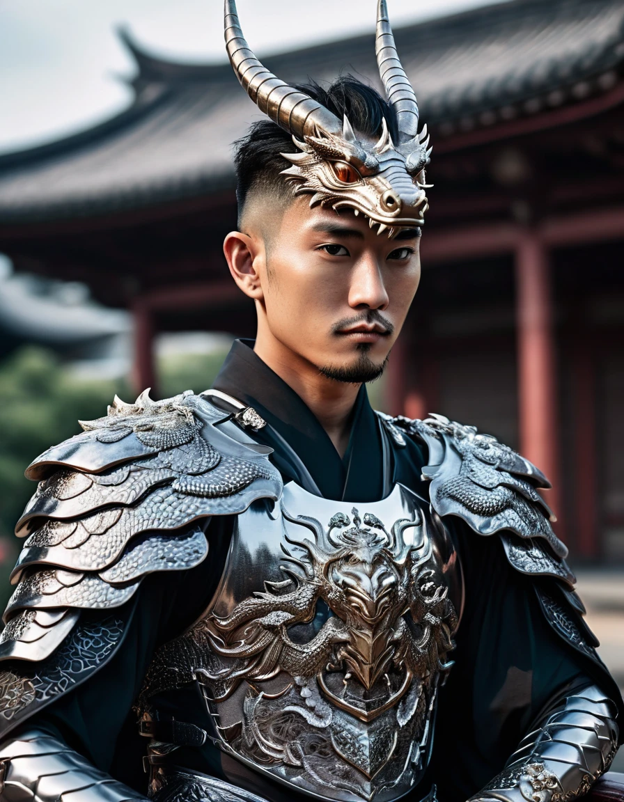 handsome man wearing open black white plated kimono,cool dragon tattoo on body,sitting on fierce ant god Horse in knight color cyborg armor,natural lighting,(direct light:0.4),8mm film grain,photographed on sony a9 II,24mm lens,f/2.8 aperture,deep focus,(best quality,4k,8k,16k,highres,masterpiece:1.2),ultra-detailed,(realistic,photorealistic,photo-realistic:1.37),extremely detailed face and eyes,hyperrealistic,cinematic,dramatic lighting,intricate details,rich colors,highly detailed