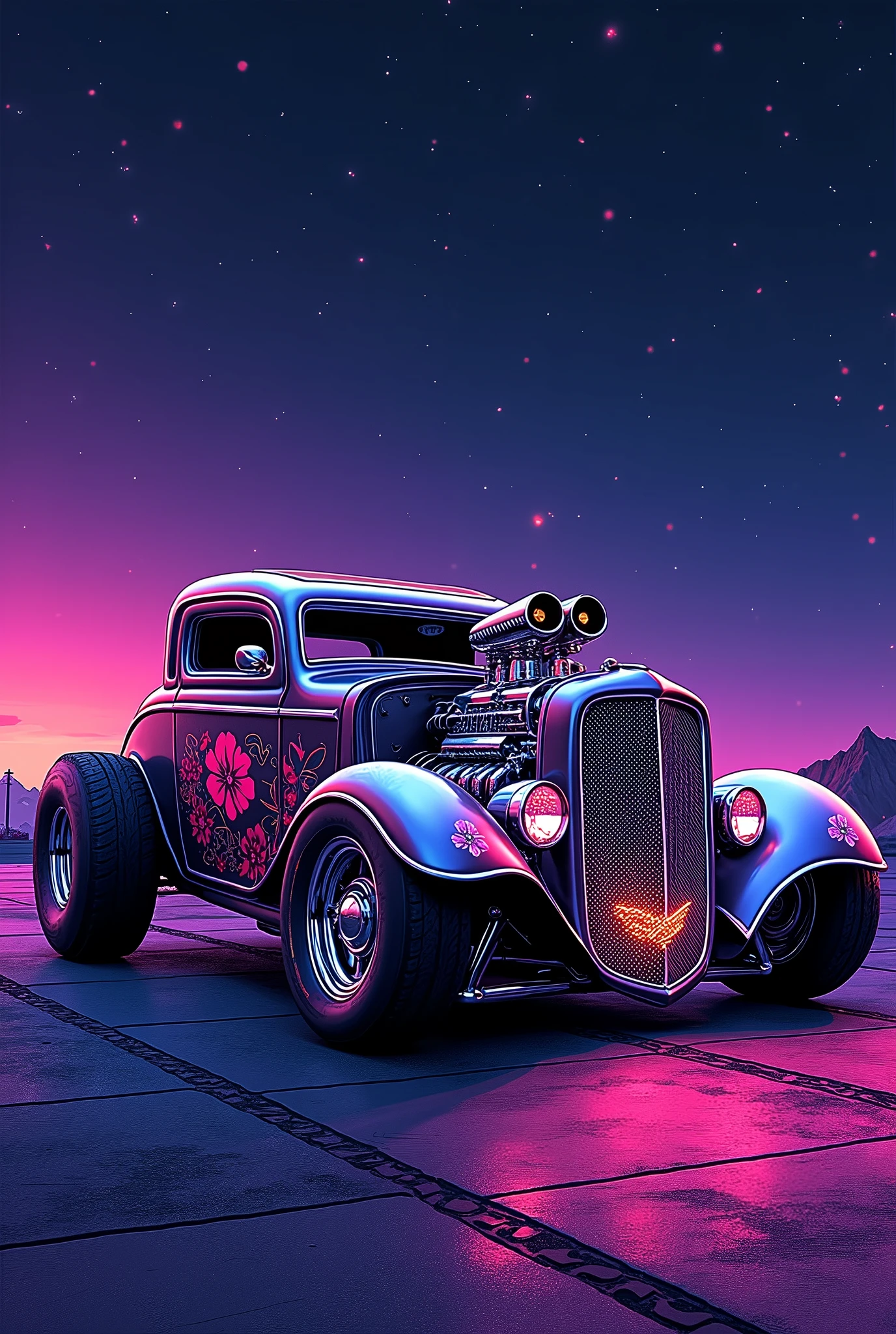 pointillism style under the twinkling stars of a neon lit night sky, a custom designed hot rod car gleams with hues of purple, pink, and orange. the car's low slung body, adorned with an intricate floral design, contrasts sharply against the deep violet backdrop. a massive chrome engine crowns the hood, emitting a soft glow that reflects off the polished chrome rims. as if alive, sparks fly from the exhaust pipes, dancing in the air like falling stars before dissipating into the night. this cybernetic masterpiece is not just a vehicle but a testament to the merging of art and technology, a dream come true under the neon lights. . composed entirely of small, distinct dots of color, vibrant, highly detailed