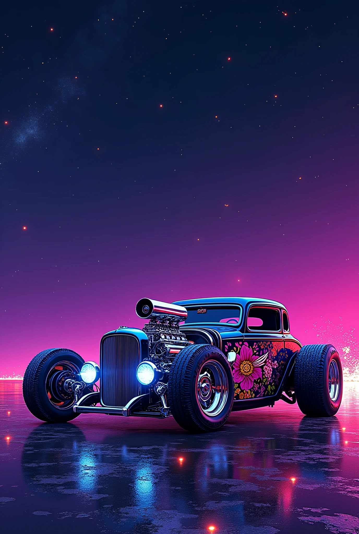 pointillism style under the twinkling stars of a neon lit night sky, a custom designed hot rod car gleams with hues of purple, pink, and orange. the car's low slung body, adorned with an intricate floral design, contrasts sharply against the deep violet backdrop. a massive chrome engine crowns the hood, emitting a soft glow that reflects off the polished chrome rims. as if alive, sparks fly from the exhaust pipes, dancing in the air like falling stars before dissipating into the night. this cybernetic masterpiece is not just a vehicle but a testament to the merging of art and technology, a dream come true under the neon lights. . composed entirely of small, distinct dots of color, vibrant, highly detailed
