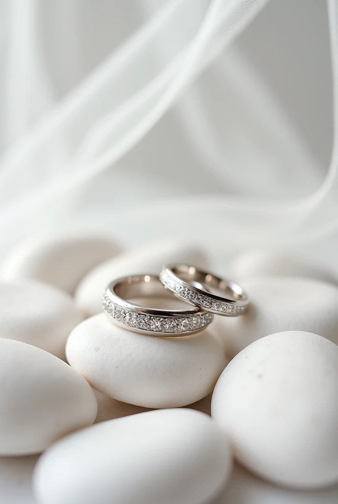 Photo of white gold wedding rings close up, lying next to each other on large white stones surrounded by the bride&#39;s delicate veil in the foreground and background