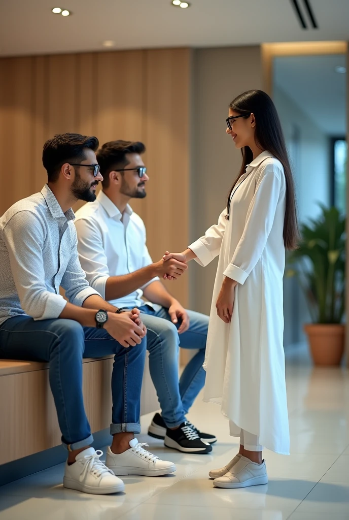 Two young men are waiting for their girlfriends in the reception area of ​​the office. One of the young men is wearing a white printed shirt, jeans, white shoes and smart watch and the other is wearing a white full sleeve t-shirt, jeans, glasses and black sneakers. His girlfriend comes there wearing a white Indian suit, black pallu, white shoes and glasses. Then she shakes hands with both the boys.