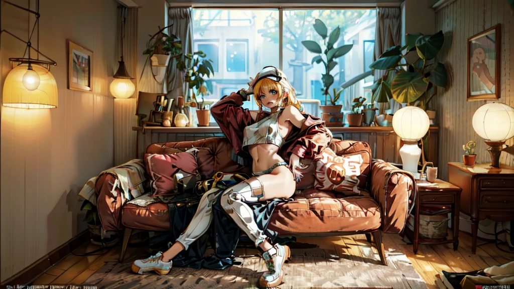 cute woman, tech wear, sitting in old-school sofa, retro plaid sofa, 70's atmoshphere, neon technologic outfit, glowing effects, crazy colors, great color palete,virgin destroyer sweater, sideboob, underboob, white panties, white thighhighs,retro interiors, interior design,