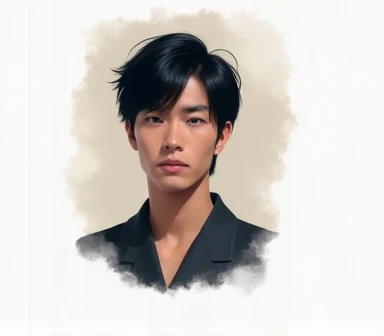 A refreshingly handsome Japanese man with black hair Gentle eyes Bangs are down