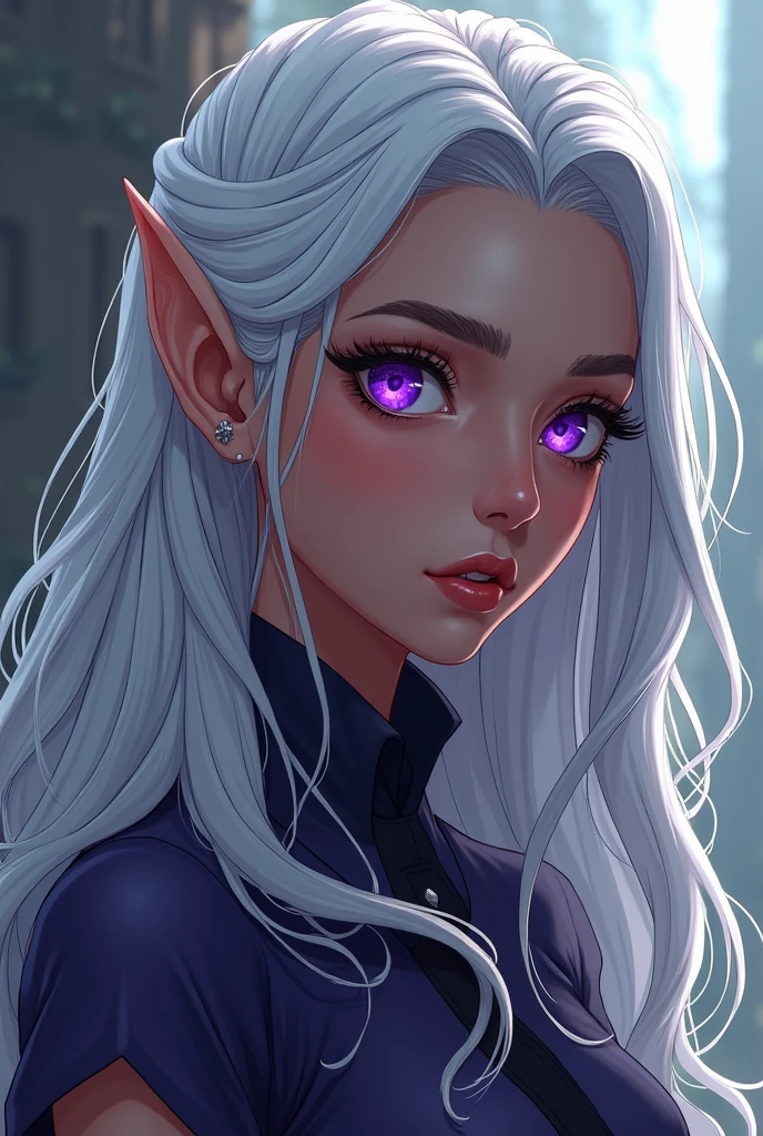 Female half elf, dark skin, adult, purple eyes, long silver hair , anime, scars