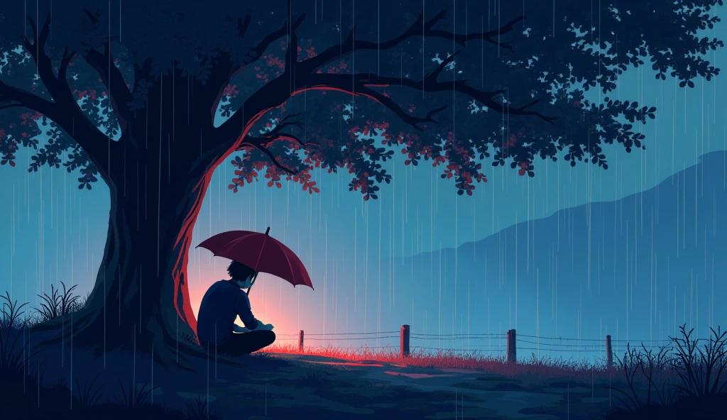 High resolution, pixel art dot painting scenery chill lofi 90s person sheltering from the rain under a tree rain